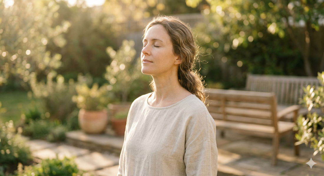 Woman standing outdoors in early morning sunlight with eyes closed, representing the cortisol-resetting benefits of morning light exposure