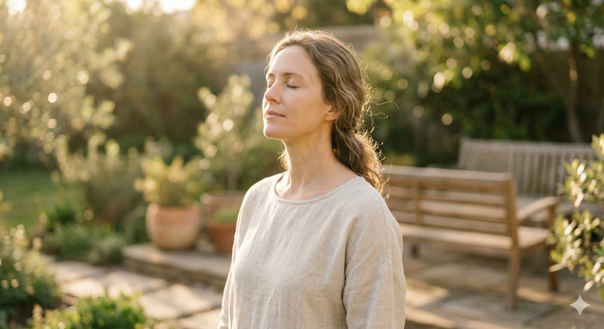 Woman standing outdoors in early morning sunlight with eyes closed, representing the cortisol-resetting benefits of morning light exposure