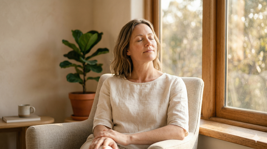 Woman sitting peacefully by a window in soft morning light — representing the journey from perimenopause anxiety to calm through research-backed wellness strategies