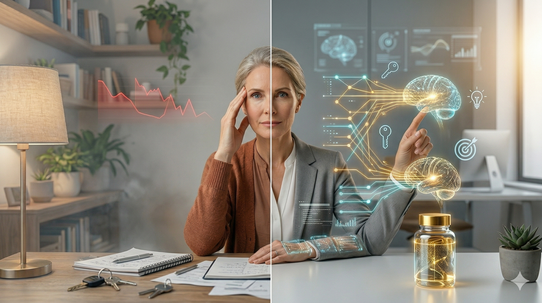 Before and after split image showing a woman experiencing brain fog on the left and mental clarity on the right