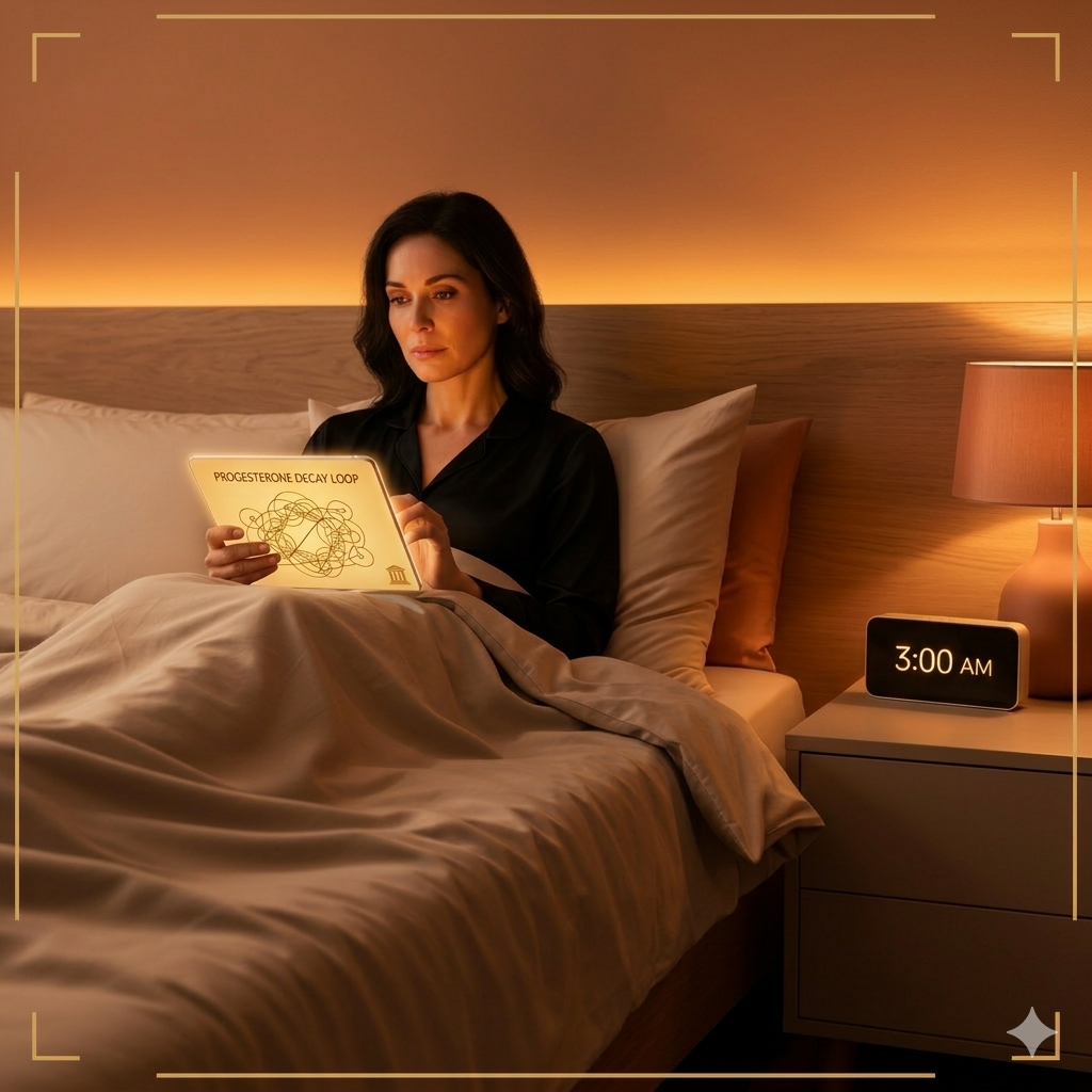 Woman sitting on a bed at night representing sleep challenges during hormonal transitions