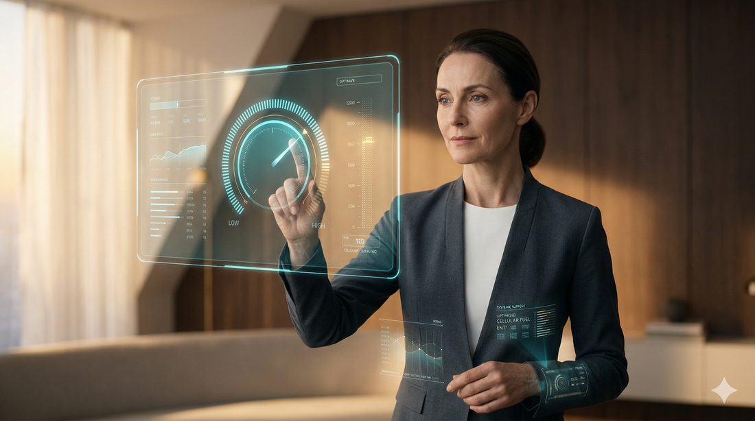 Woman reviewing health data on a digital display representing metabolic wellness after 40