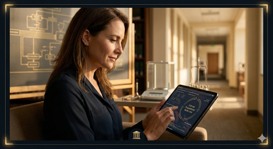 Woman reading research on a tablet about progesterone and hormonal changes during perimenopause