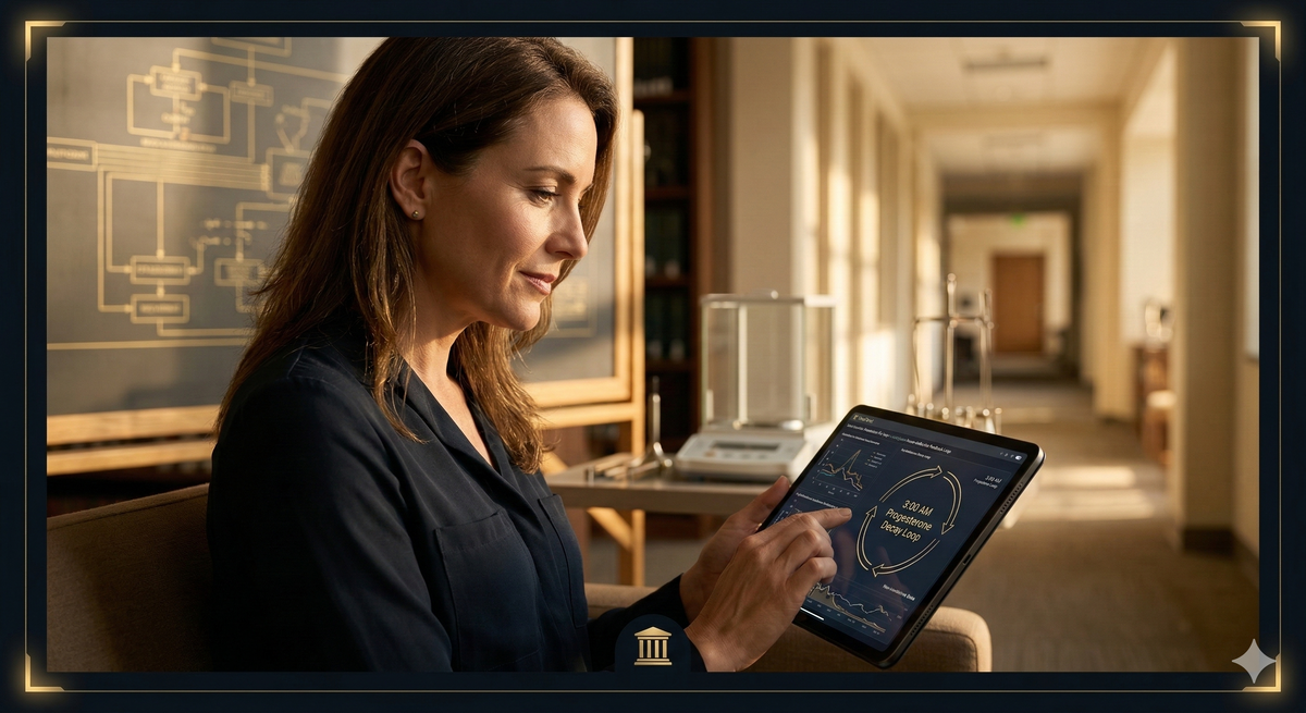 Woman reading research on a tablet about progesterone and hormonal changes during perimenopause