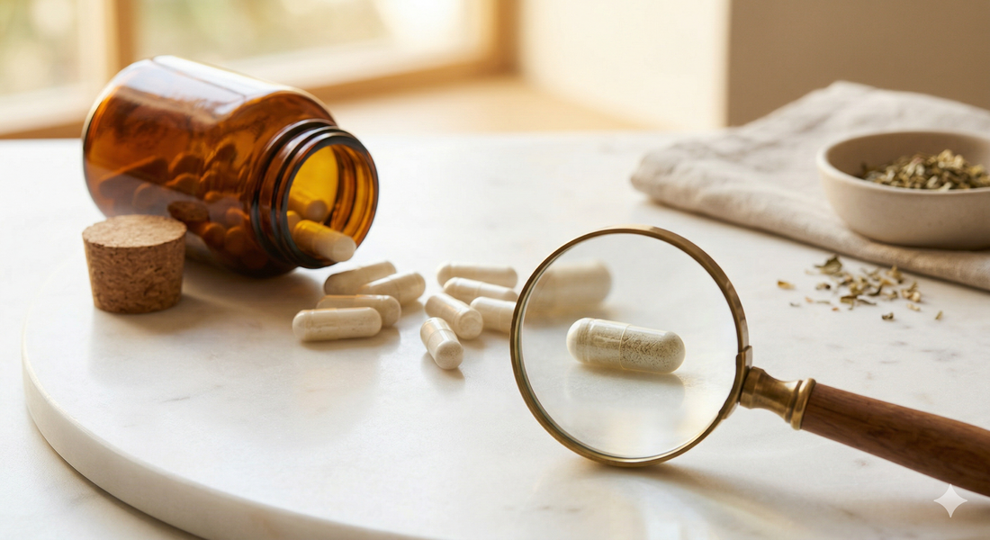 Supplement capsules on a marble surface with a magnifying glass representing ingredient quality inspection