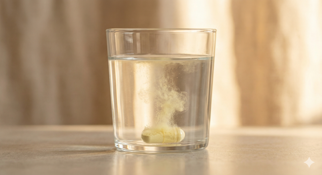 Supplement capsule dissolving in a glass of water representing first-pass metabolism and nutrient absorption