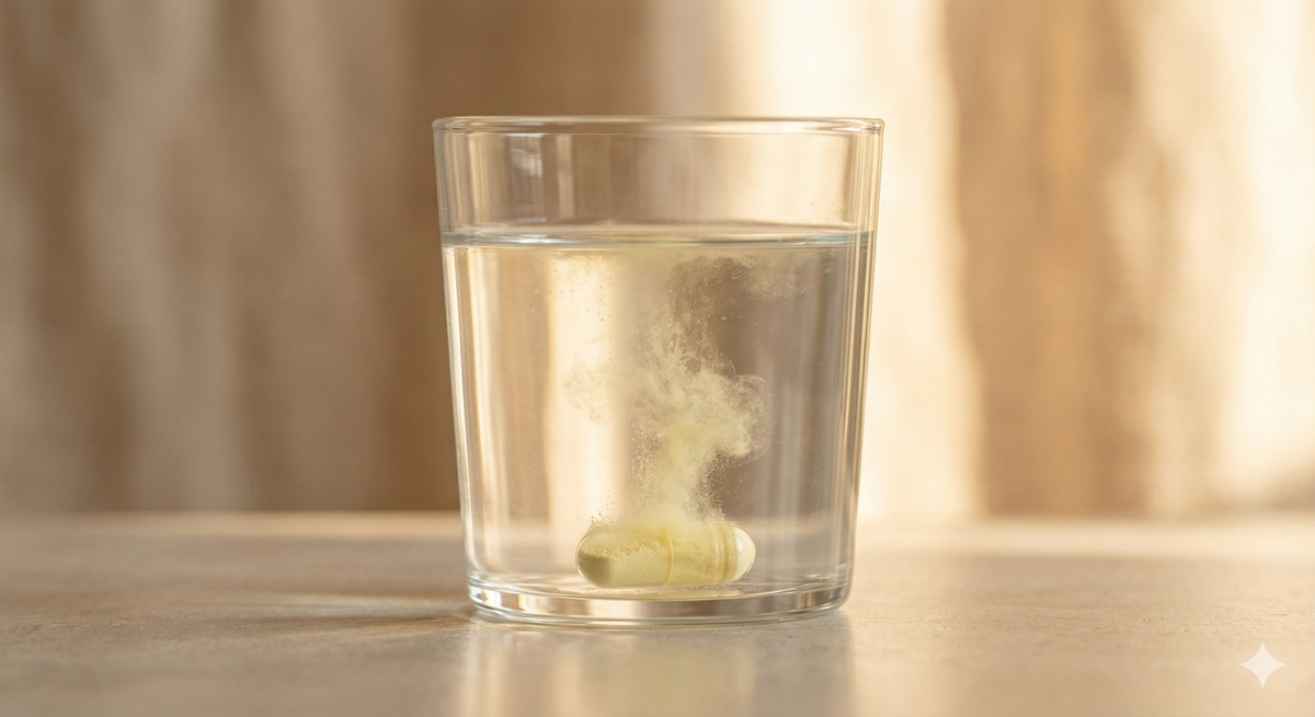Supplement capsule dissolving in a glass of water representing first-pass metabolism and nutrient absorption