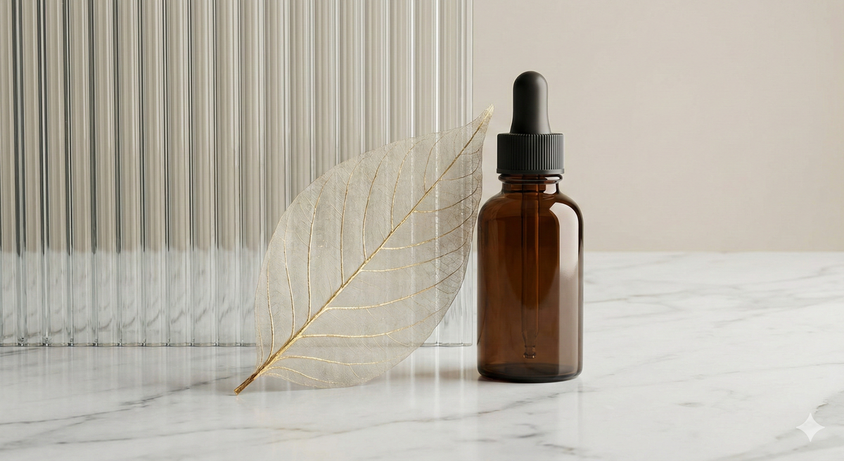 Supplement dropper bottle on a marble surface representing cortisol management and hormone balance