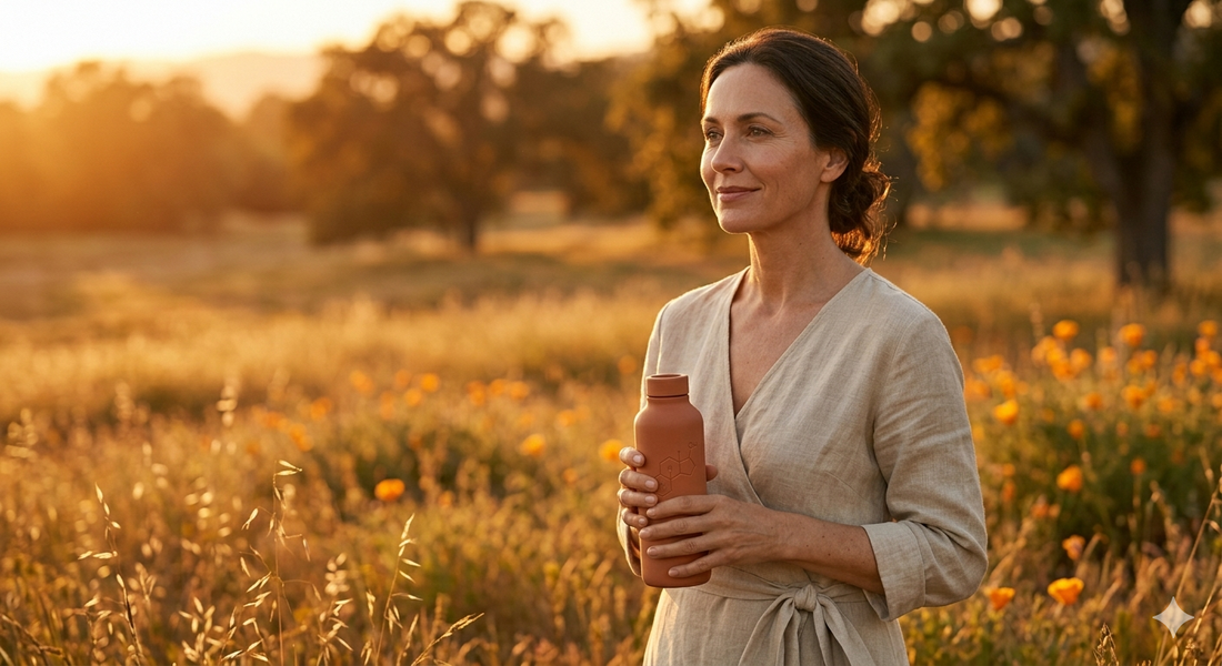 Woman walking through a sunlit field representing wellness and metabolic health during menopause