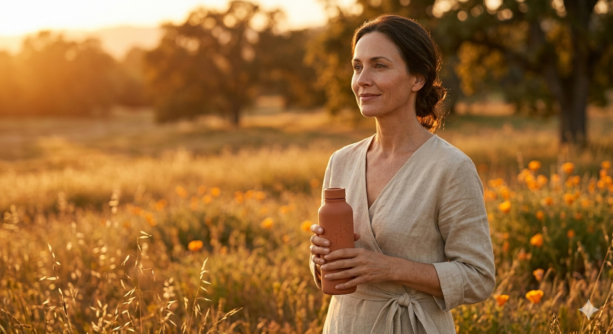 Woman walking through a sunlit field representing wellness and metabolic health during menopause