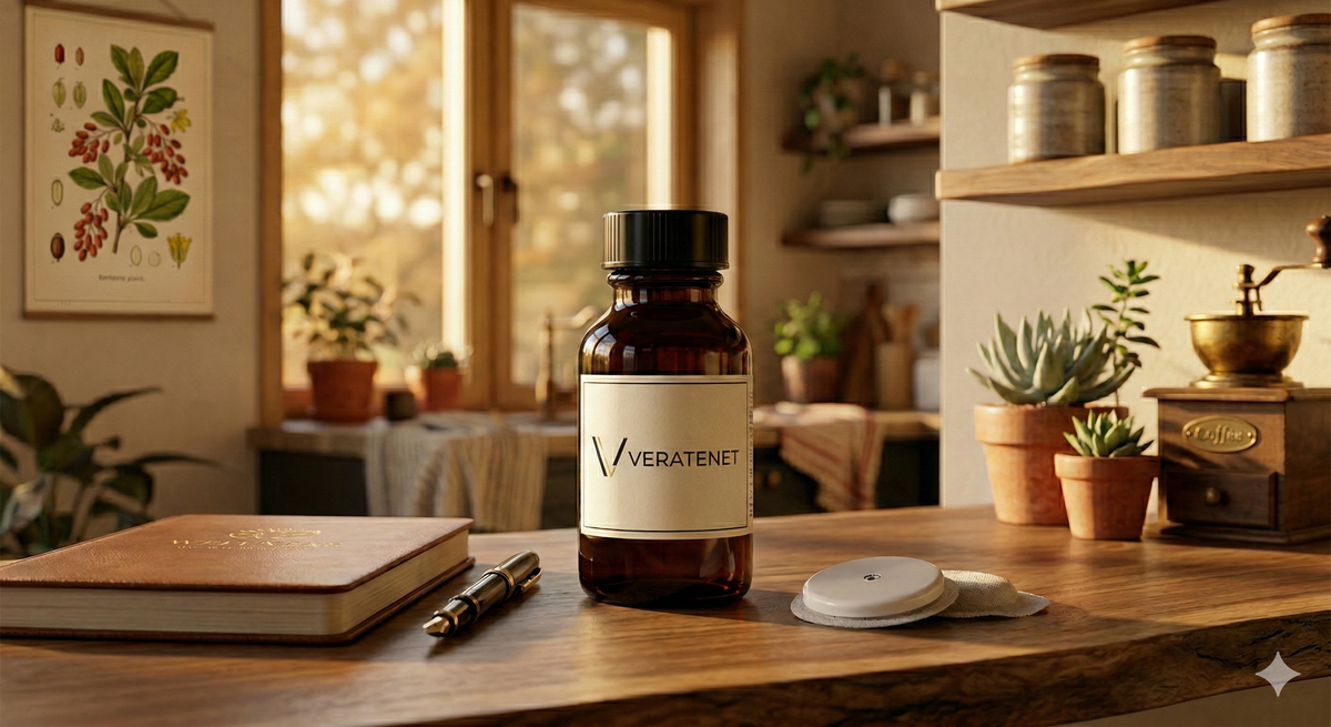 Supplement bottle on a nightstand representing nighttime hormonal support and sleep comfort