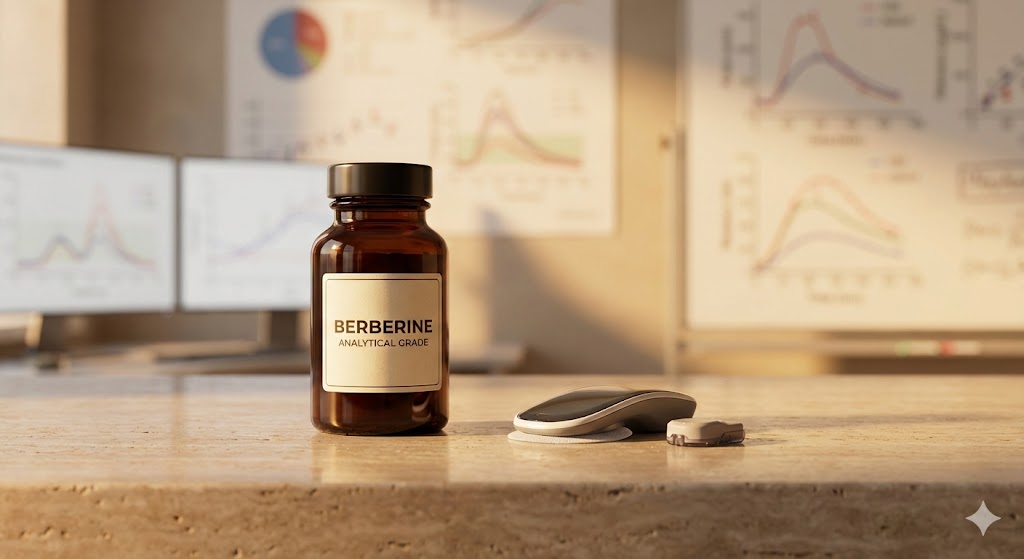 Berberine supplement bottle with capsules representing AMPK pathway activation and blood sugar support
