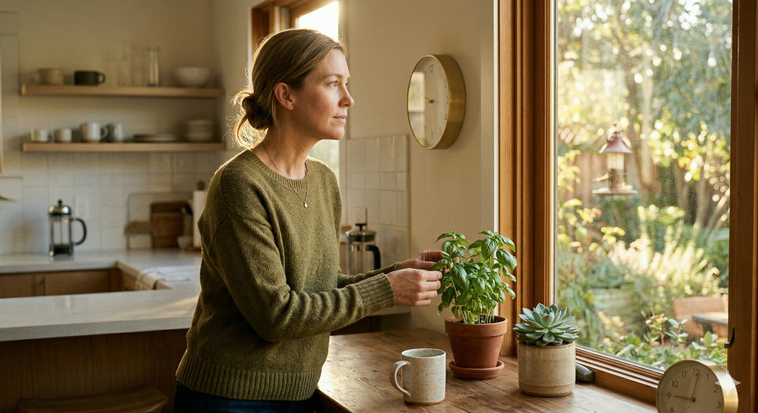Woman standing in a sunlit kitchen with a coffee press and plants, representing optimal caffeine timing for cortisol management