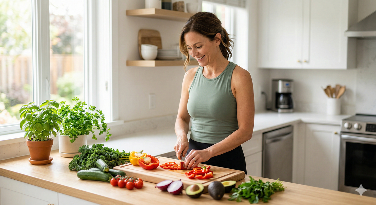 Woman in athletic wear preparing a healthy meal with colorful vegetables in a modern kitchen, representing nutrition-based approaches to cortisol-driven midsection weight management