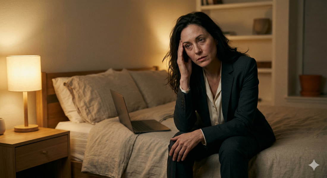 Exhausted professional woman sitting on bed at night unable to sleep, representing the tired-but-wired phenomenon from HPA-axis dysregulation