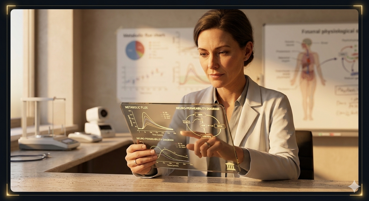 Woman in a clinical setting reviewing neurological health information on a screen