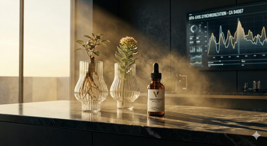 Adaptogenic herbs and supplements on a modern surface representing ashwagandha and rhodiola comparison